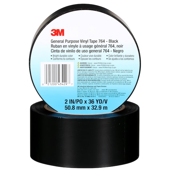 Vinyl Tape, 5.0 Mil, 2"x36 yds, Black, PK24
